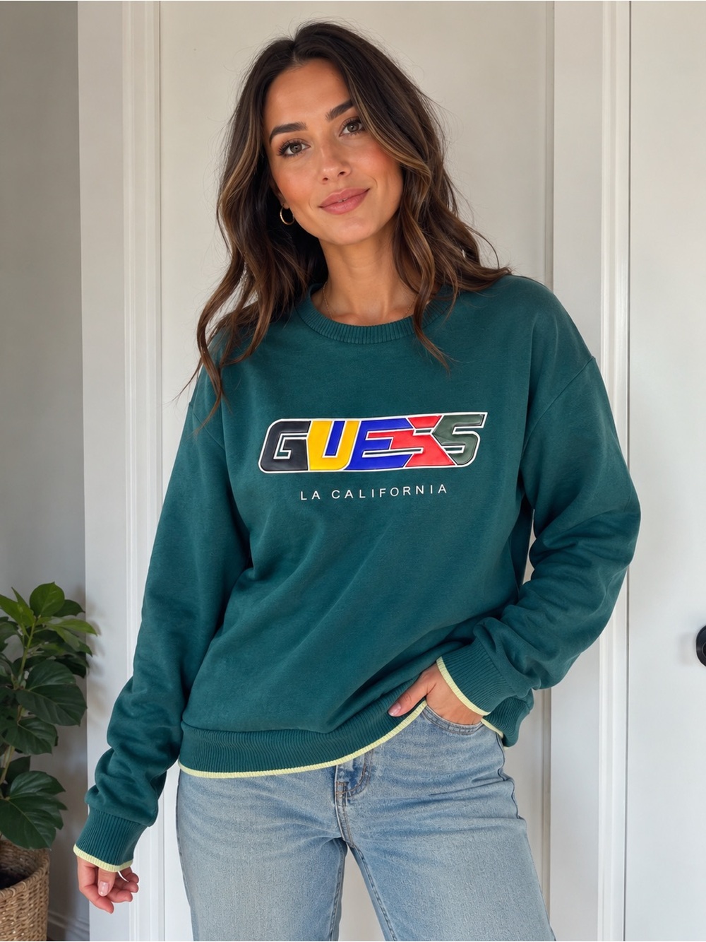 Guess Teal Y2K Crewneck Sweatshirt with Multicolor Logo